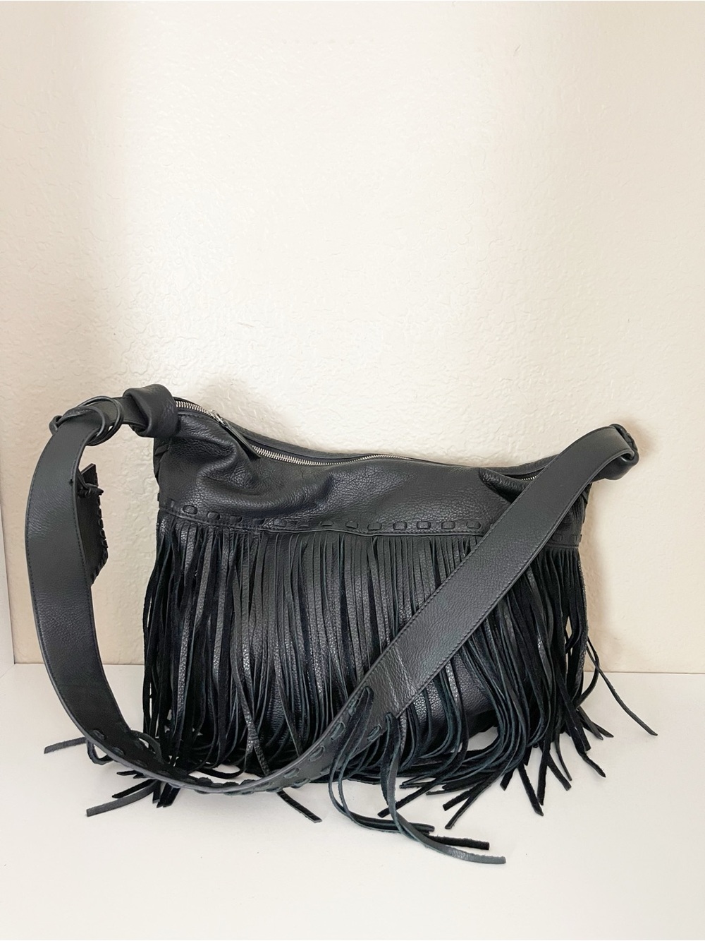 RRL Double RL Ralph Lauren Black Leather Western Fringe Hobo Shoulder Bag - Picture 2 of 14